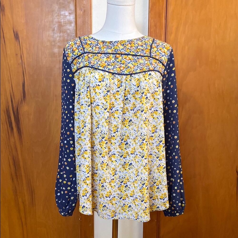 Hannah Yellow Blue Floral Long Sleeve Smocked Blouse Boho Prairie Cottage Craft